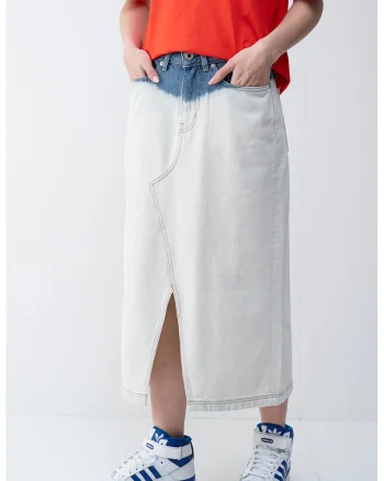 Fusta midi de denim cu slit frontal, Albastru/Crem