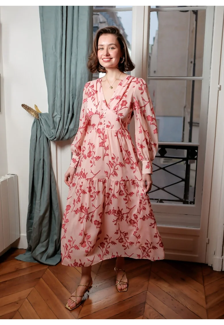 Rochie evazata cu imprimeu floral 4695D, Roz 17076, Roz