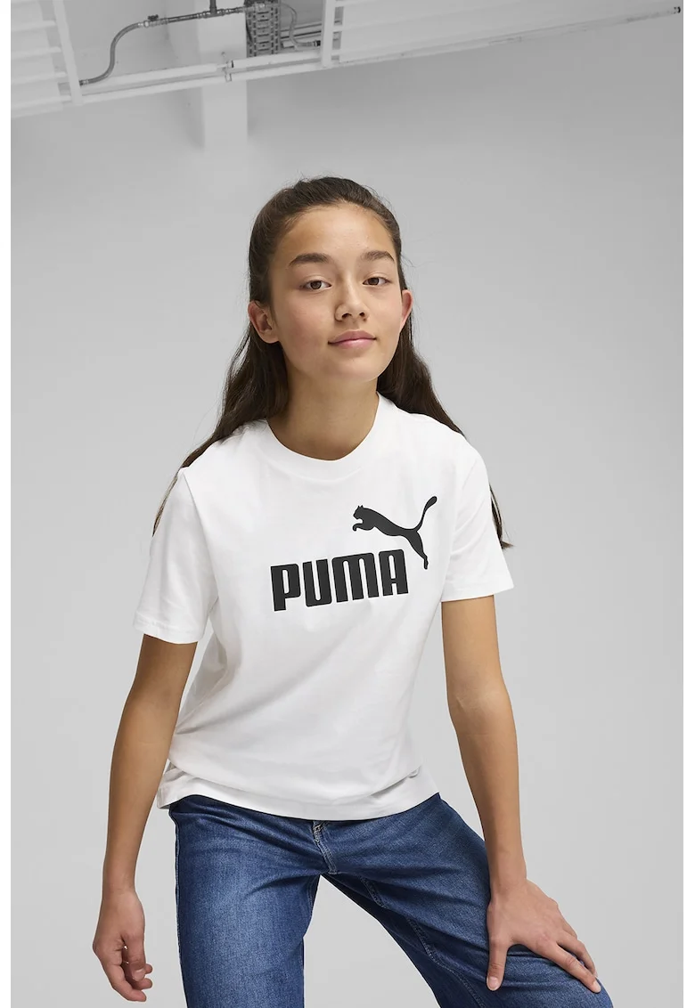 Tricou cu decolteu la baza gatului si imprimeu logo, Alb/Negru stins