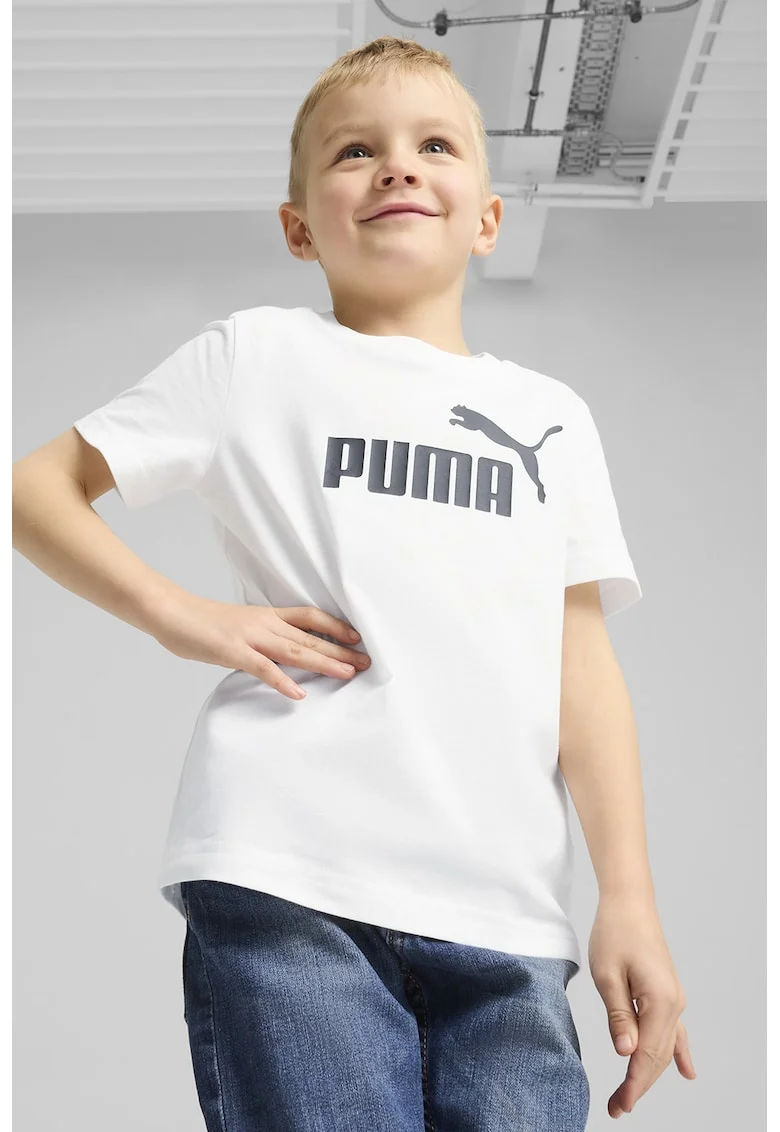 Tricou cu imprimeu logo si decolteu la baza gatului, Alb/Negru stins