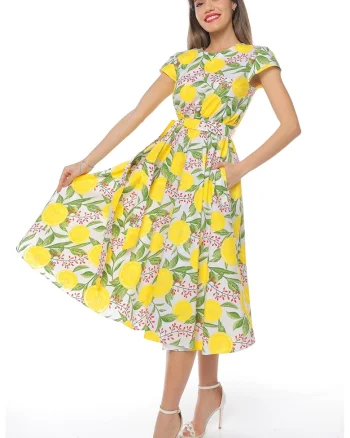 Rochie midi cu croiala evazata si maneci scurte, Verde/Alb optic