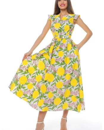 Rochie midi din bumbac cu un cordon, Verde/Alb optic