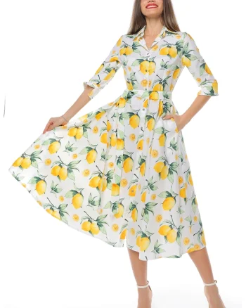 Rochie-camasa evazata cu cordon in talie, Alb/Galben
