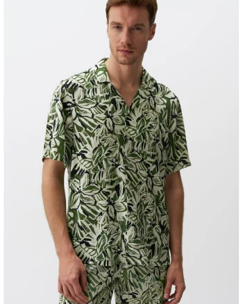 Camasa din amestec de in cu model si maneci scurte, Verde/Negru