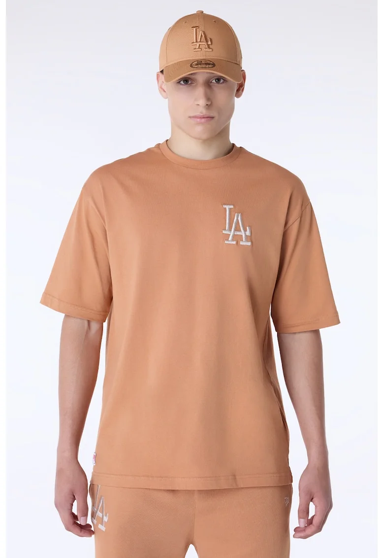 Tricou de bumbac cu logo pe piept, Piersica/Alb optic