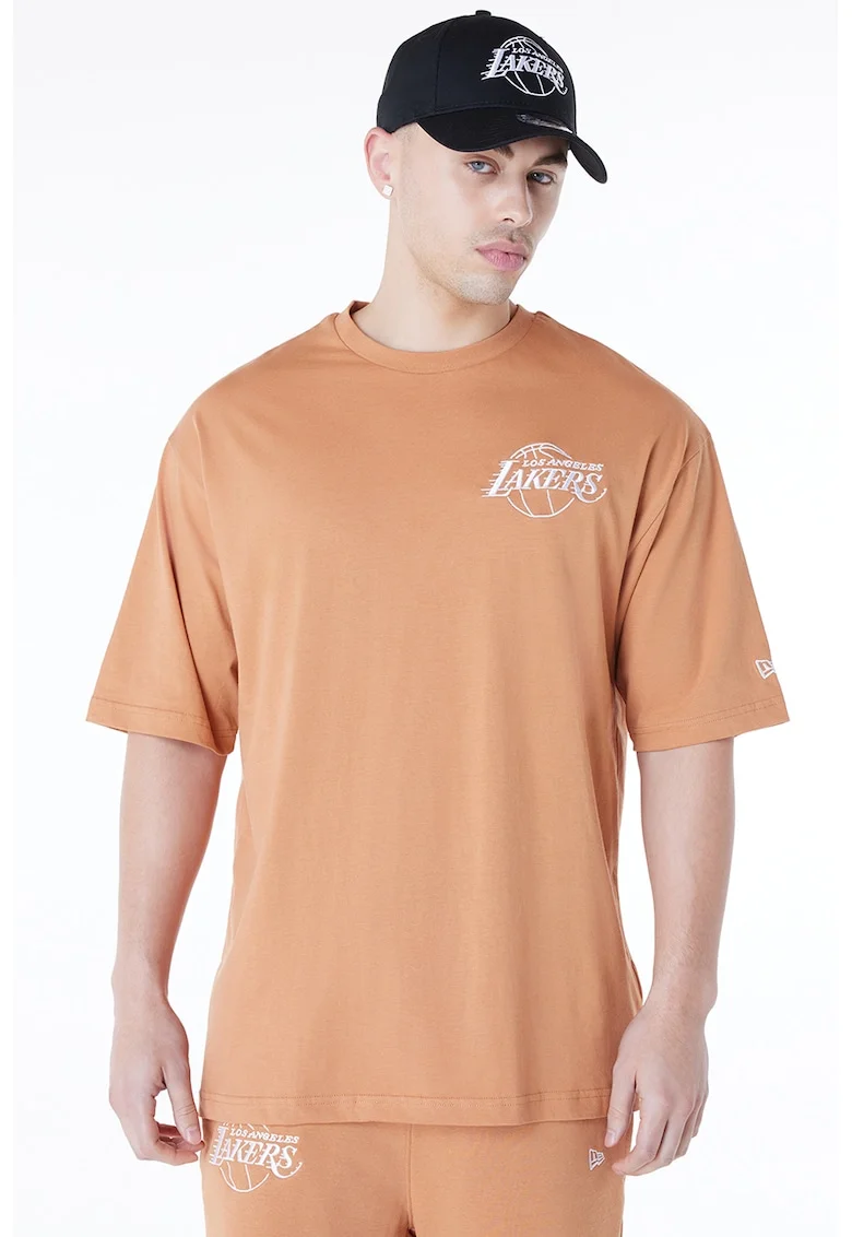 Tricou de bumbac cu decolteu la baza gatului si logo pe piept, Piersica/Alb optic