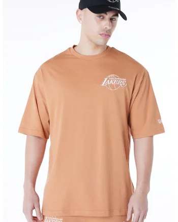 Tricou de bumbac cu decolteu la baza gatului si logo pe piept, Piersica/Alb optic