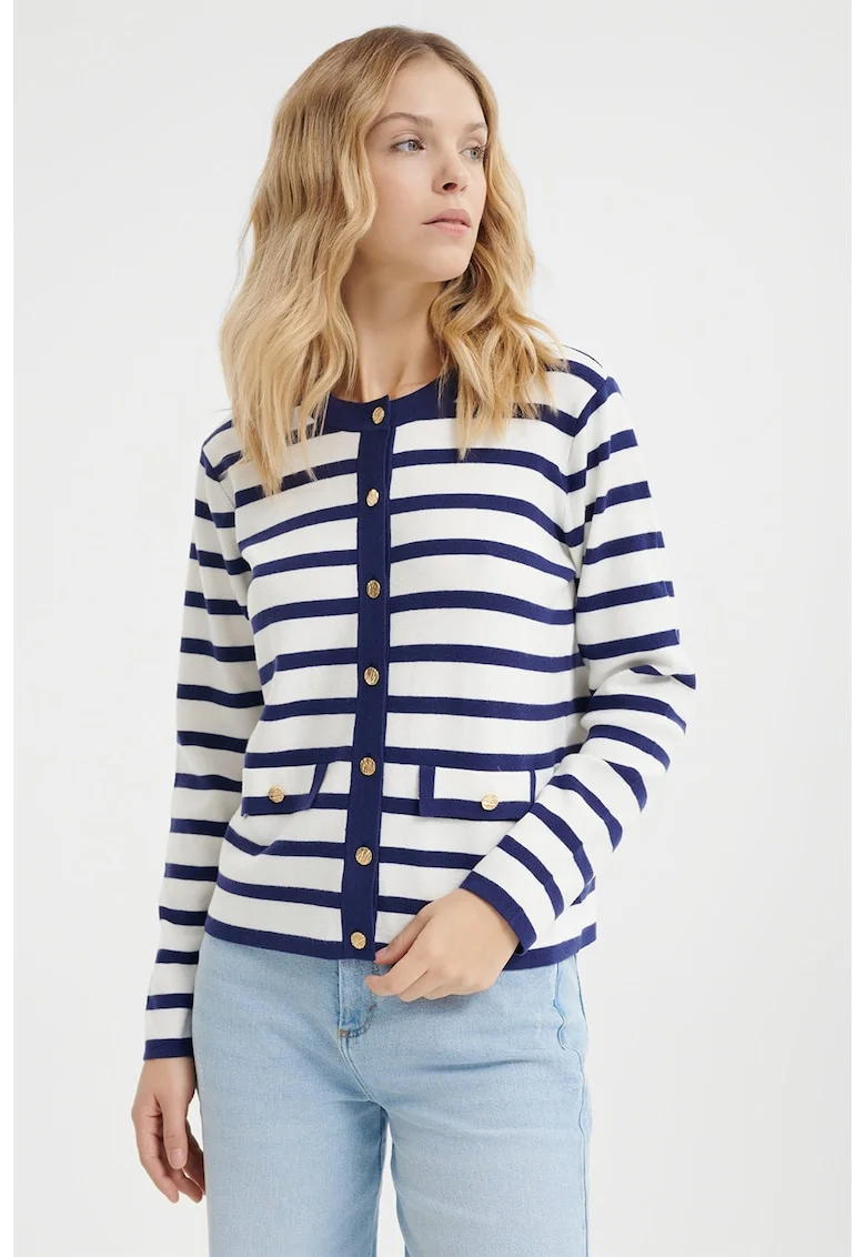Cardigan cu dungi si nasturi, Alb murdar/Bleumarin