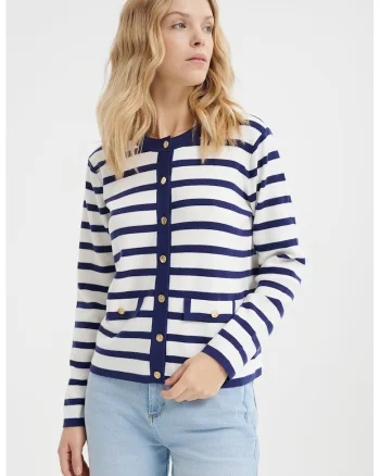 Cardigan cu dungi si nasturi, Alb murdar/Bleumarin