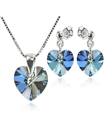 Set Argint 925 placat cu rodiu cu cristale Swarovski® Heart 10 mm Surub + Lant, Verde/Albastru aprins