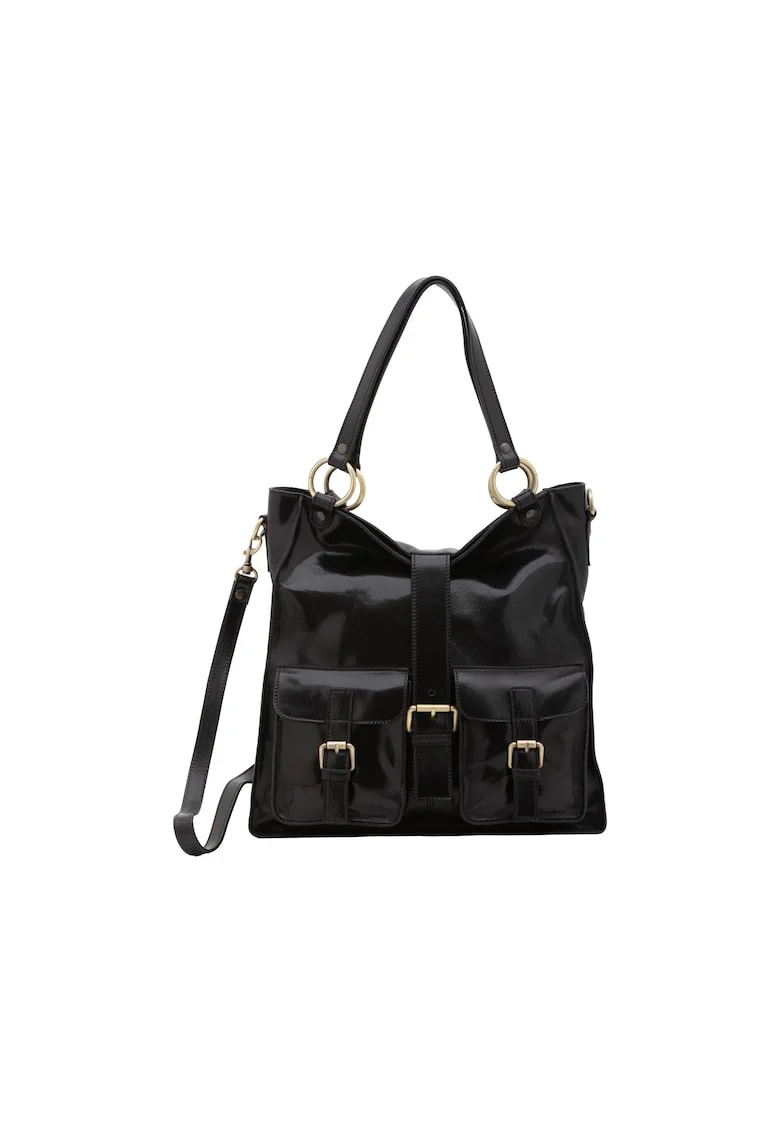 Geanta shopper de piele cu catarame, Negru
