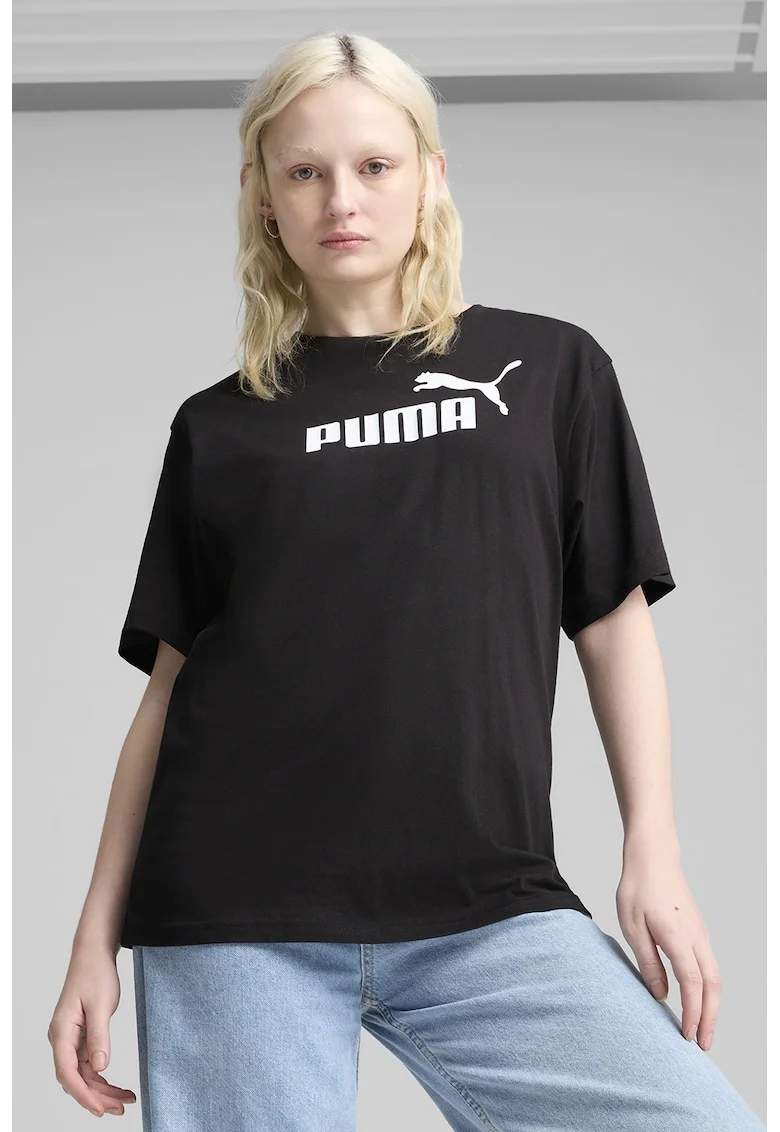 Tricou cu imprimeu logo si maneci cazute, Alb/Negru