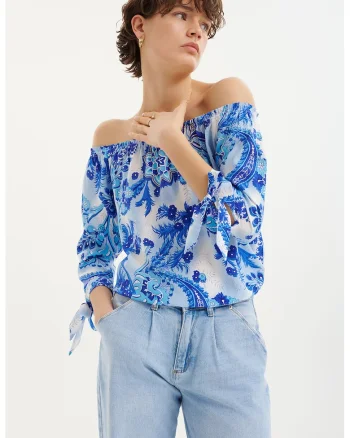 Bluza cu model si decolteu pe umeri, Alb/Albastru deschis