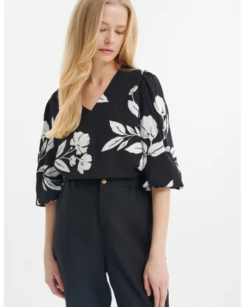 Bluza cu model si decolteu in V, Negru/Alb murdar