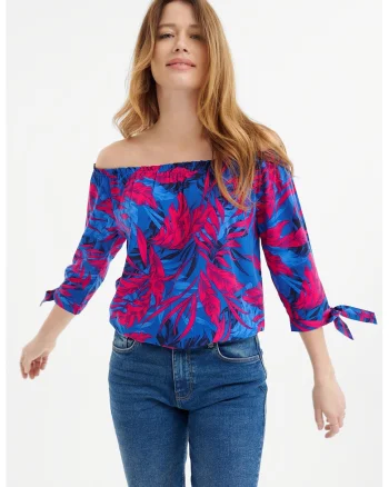Bluza cu model si decolteu pe umeri, Fucsia/Albastru royal