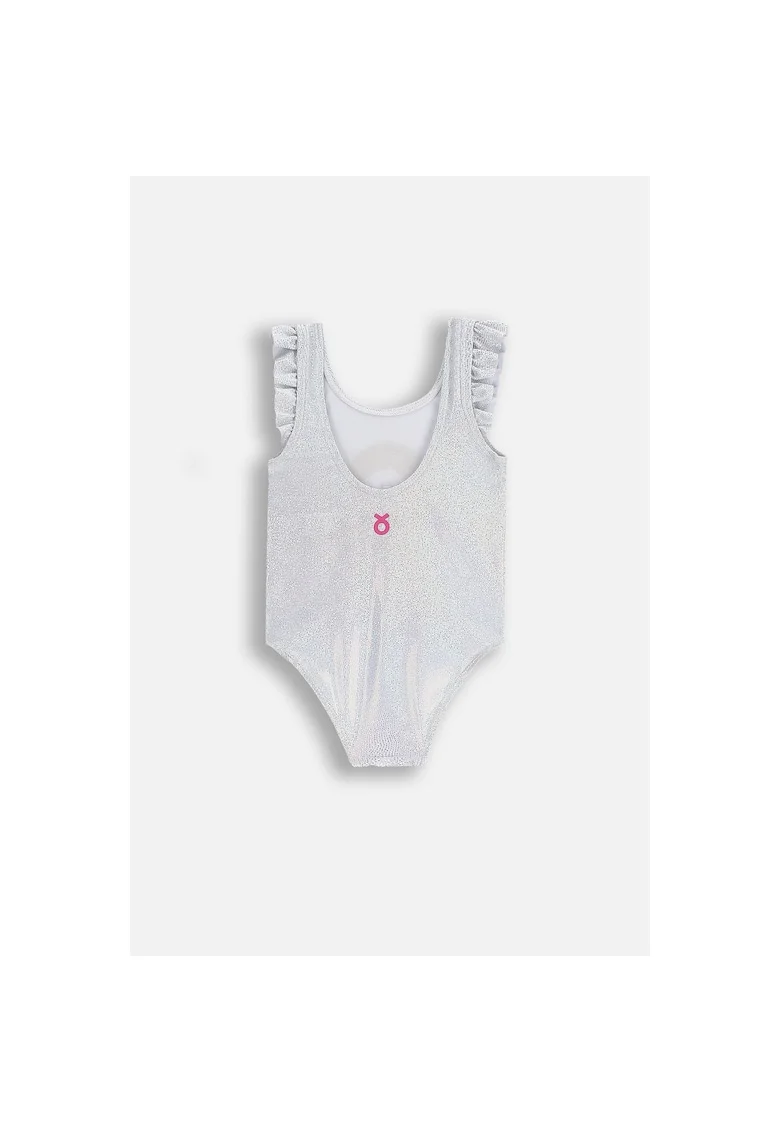 Costum de baie intreg cu aspect stralucitor si volane decorative