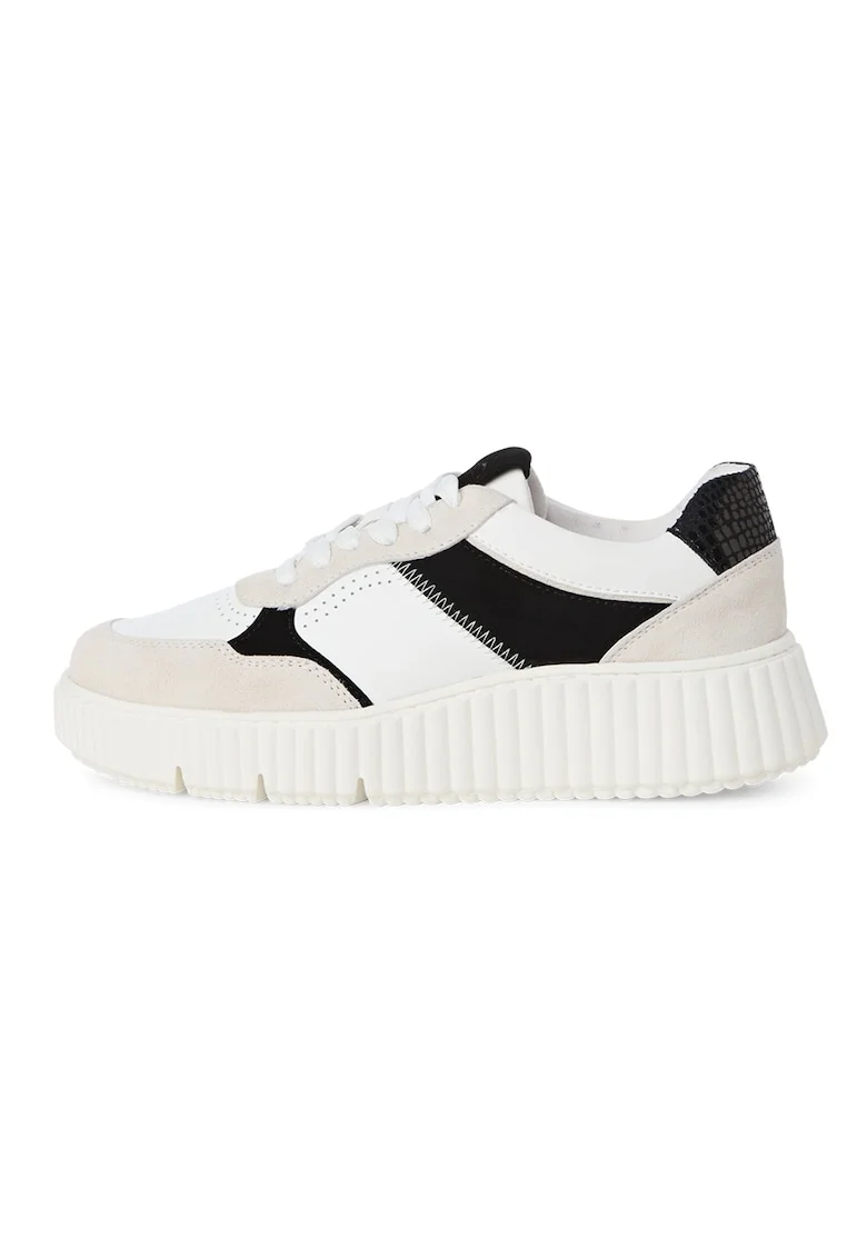 Pantofi sport de piele ecologica si piele intoarsa, Alb/Negru/Maro taupe deschis