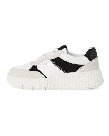 Pantofi sport de piele ecologica si piele intoarsa, Alb/Negru/Maro taupe deschis