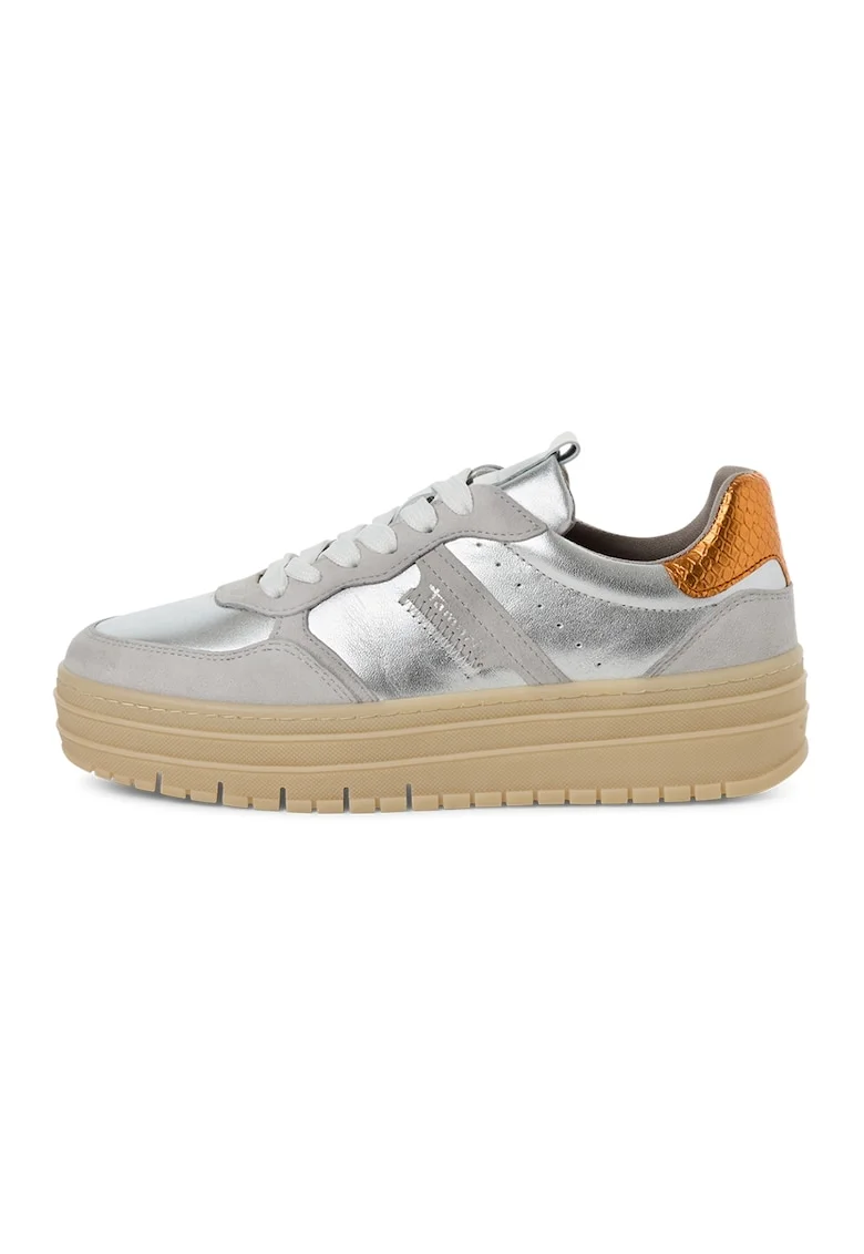 Pantofi sport flatform de piele intoarsa si piele, Maro taupe deschis/Bronz/Argintiu
