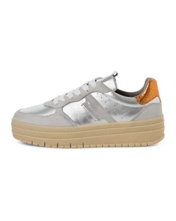 Pantofi sport flatform de piele intoarsa si piele, Maro taupe deschis/Bronz/Argintiu