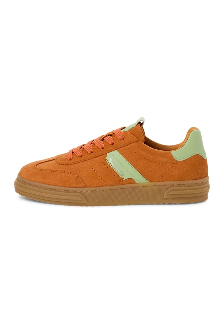 Pantofi sport low-cut de piele intoarsa si piele ecologica, Portocaliu stins/Verde deschis