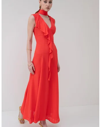 Rochie maxi cu prindere la decolteu, Rosu vermillion