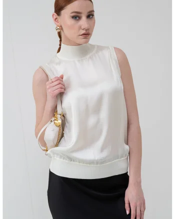 Bluza cu guler inalt, fara maneci, Crem