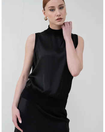 Bluza cu guler inalt, fara maneci, Negru