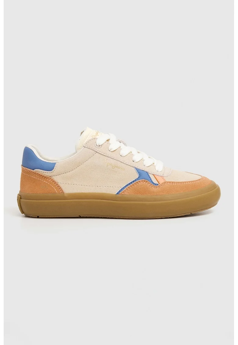 Pantofi sport de piele intoarsa cu garnituri de piele ecologica, Portocaliu/Maro nisip/Albastru