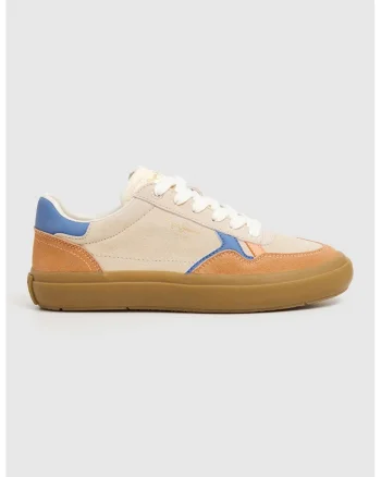 Pantofi sport de piele intoarsa cu garnituri de piele ecologica, Portocaliu/Maro nisip/Albastru