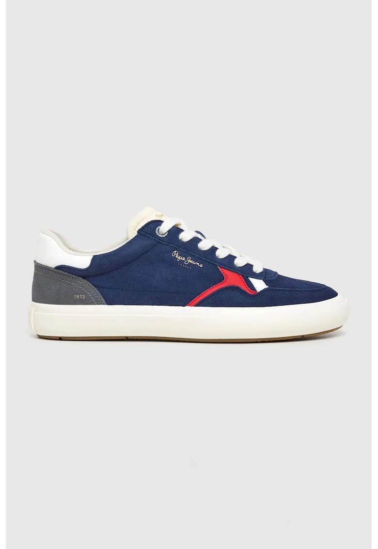 Pantofi sport de piele intoarsa cu logo, Alb/Rosu vermillion/Bleumarin
