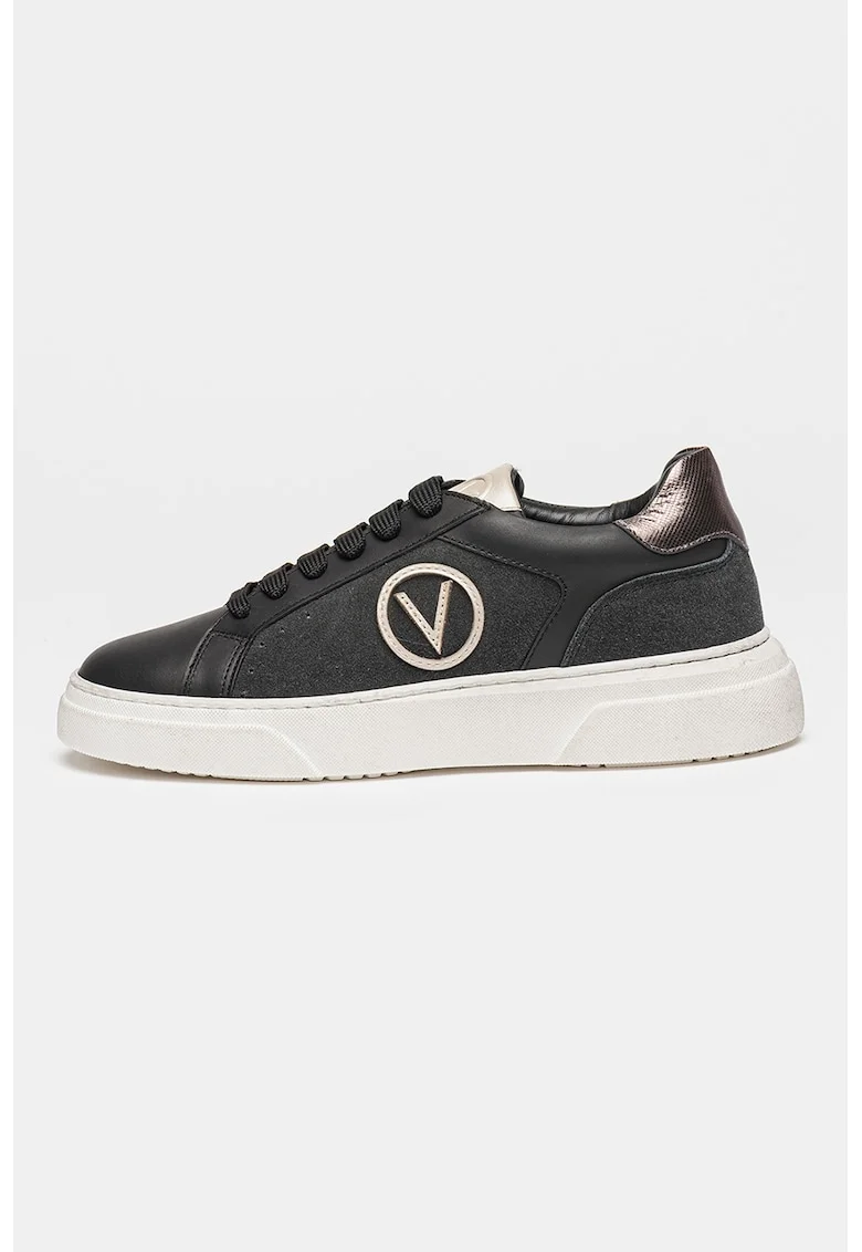 Pantofi sport din piele cu detaliu logo, Negru/Bleumarin