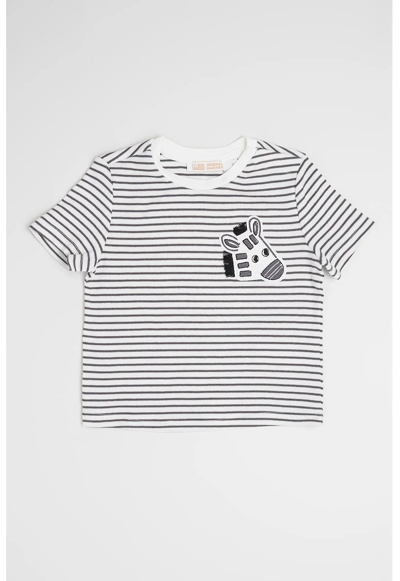 Tricou cu fenta cu capsa si model in dungi, Alb/Gri inchis
