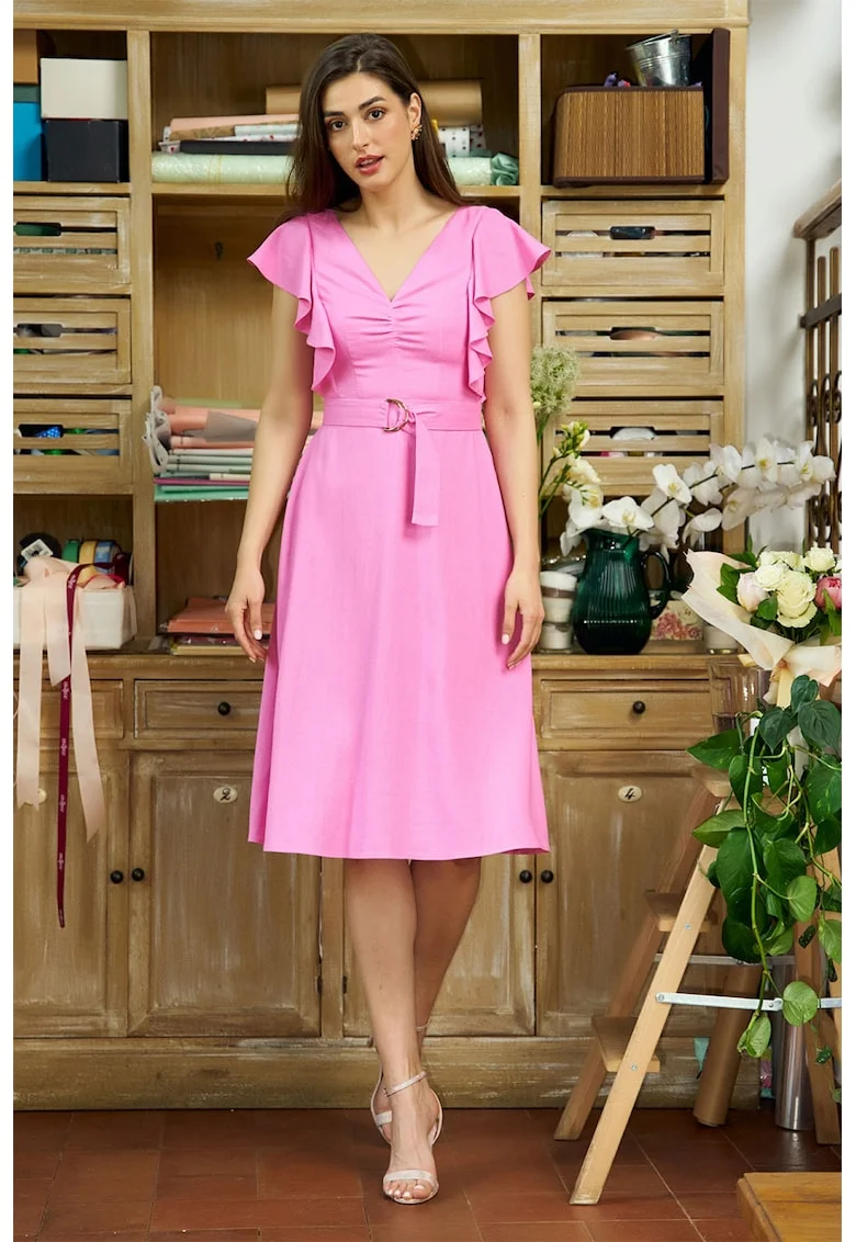 Rochie din amestec de in cu decolteu in V Amaryllis, Roz