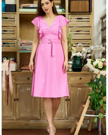 Rochie din amestec de in cu decolteu in V Amaryllis, Roz