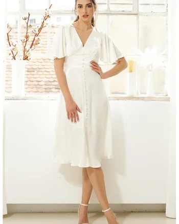 Rochie midi cu croiala in A, maneci cu volane si decolteu in V, Alb fildes