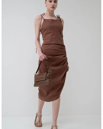 Rochie din amestec de in cu fronseuri, Maro deschis