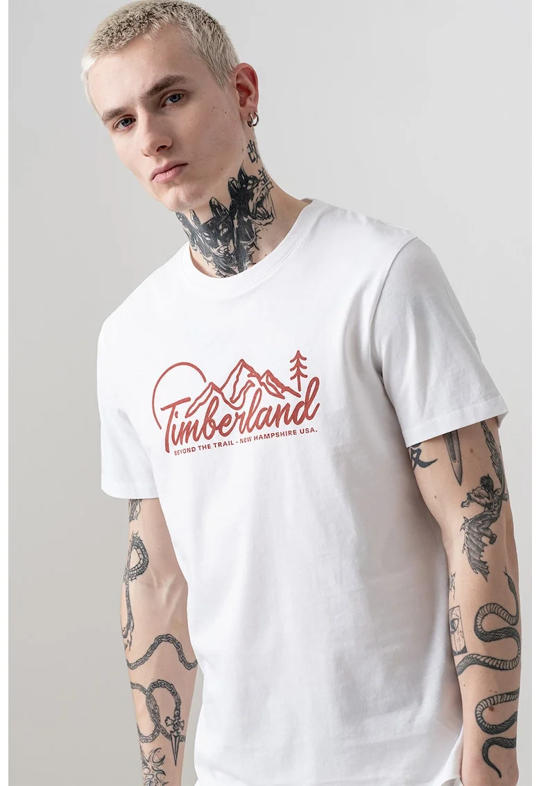 Tricou cu logo si decolteu la baza gatului, Alb/Visiniu