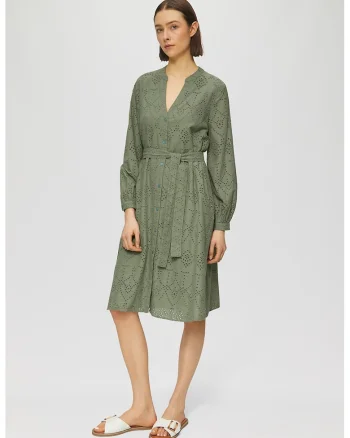 Rochie midi cu model uni si cordon in talie, Verde sparanghel