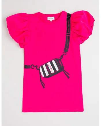 Rochie cu maneci scurte si imprimeu, Negru/Fucsia