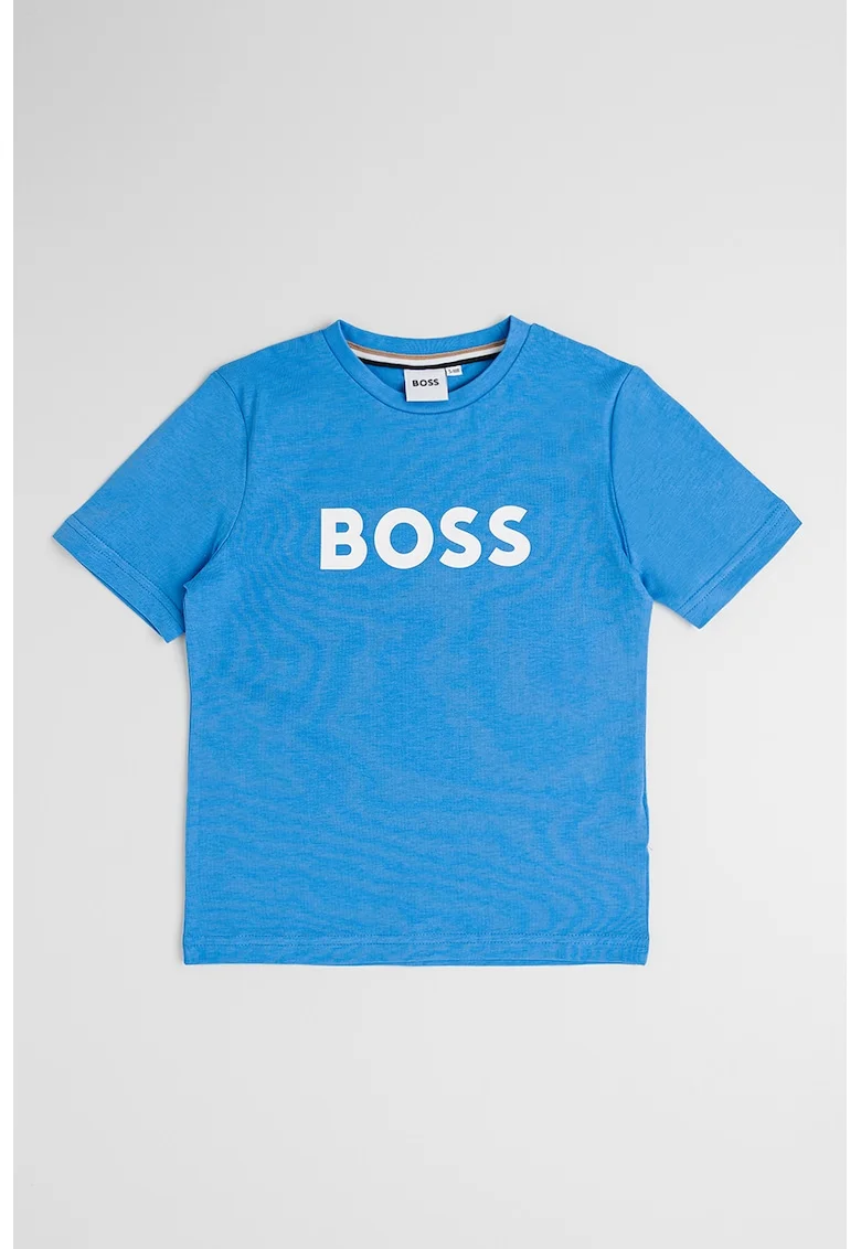 Tricou din bumbac cu imprimeu logo si decolteu la baza gatului, Alb murdar/Albastru deschis