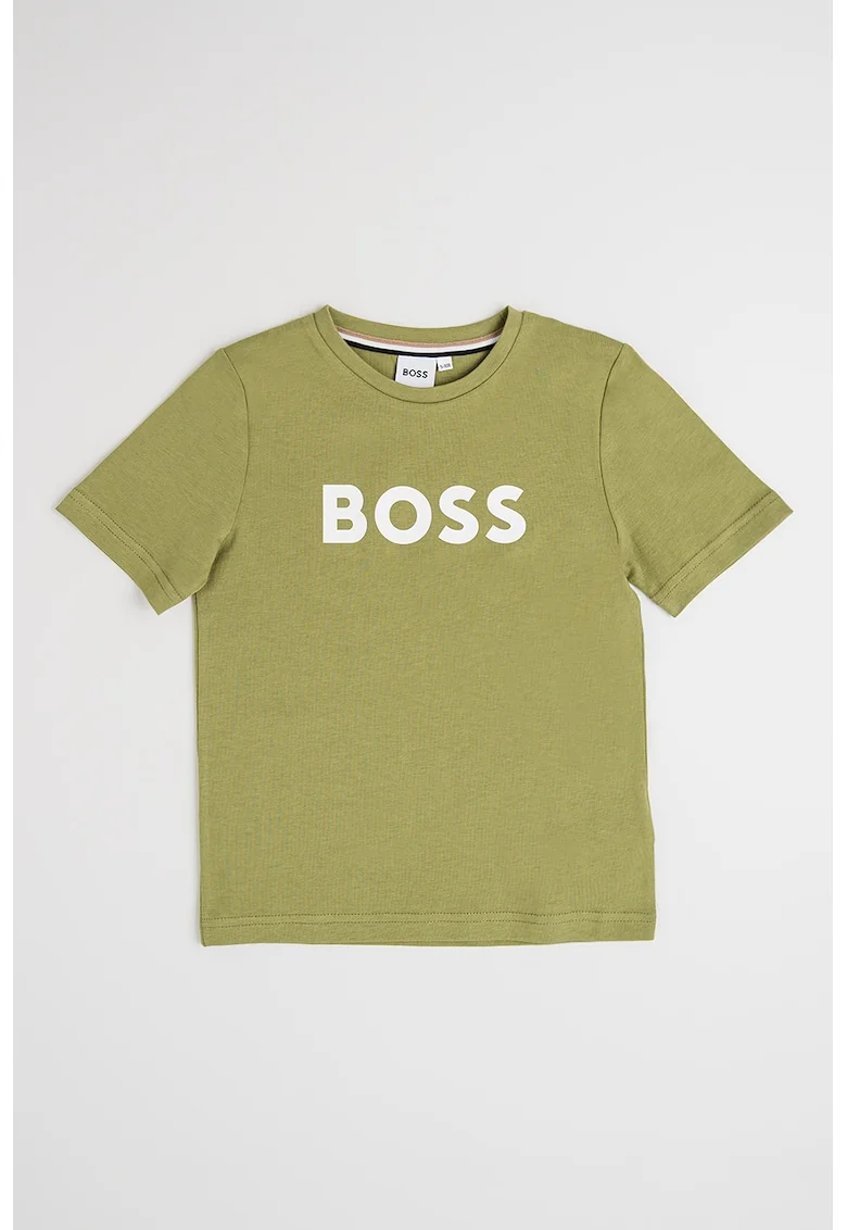 Tricou din bumbac cu imprimeu logo si decolteu la baza gatului, Verde masliniu