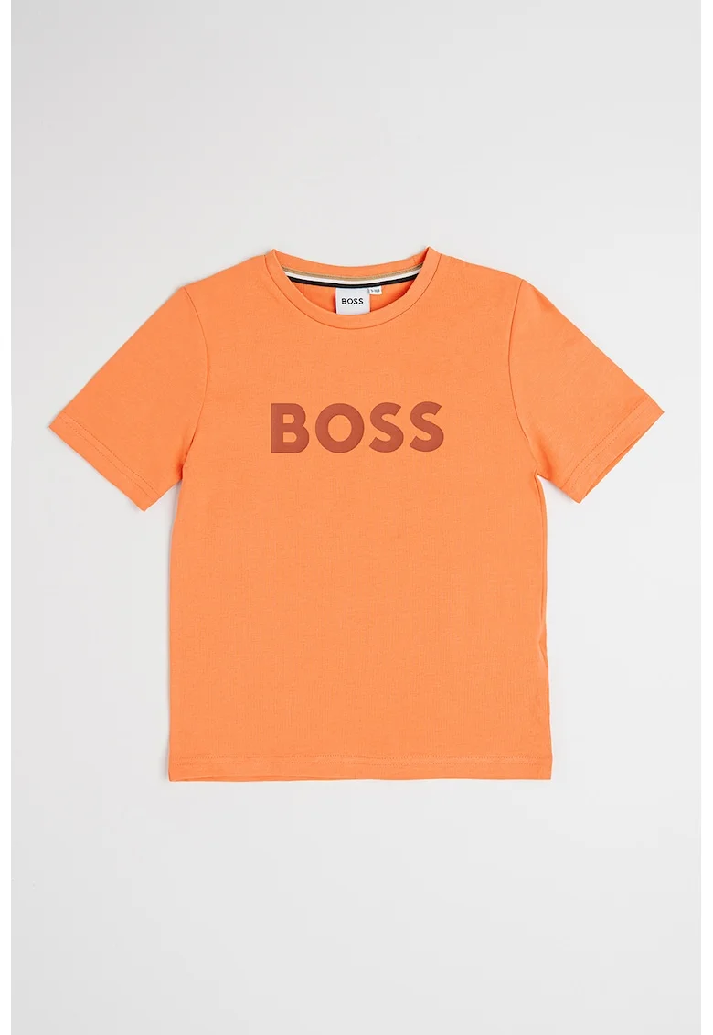 Tricou din bumbac cu imprimeu logo si decolteu la baza gatului, Portocaliu mandarina