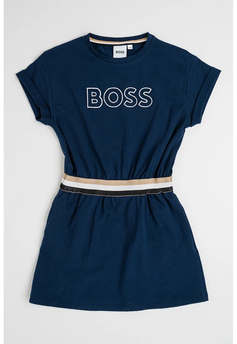 Rochie din amestec de bumbac cu imprimeu logo si talie elastica, Bleumarin
