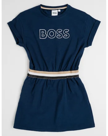 Rochie din amestec de bumbac cu imprimeu logo si talie elastica, Bleumarin