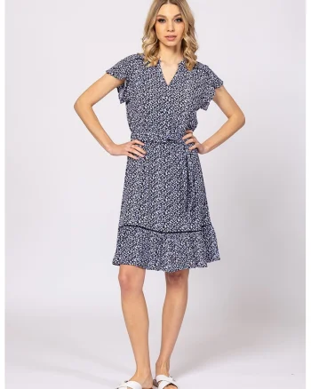 Rochie cu imprimeu si cordon in talie, Alb optic/Bleumarin