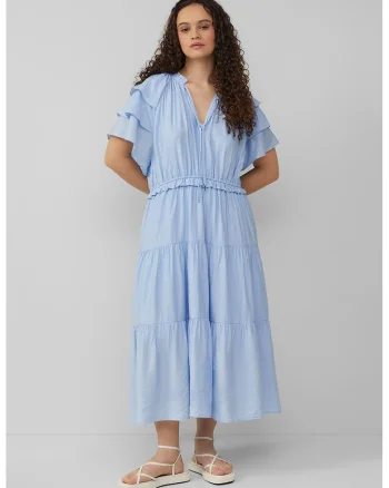 Rochie midi cu croiala in A si volane, Albastru pastel