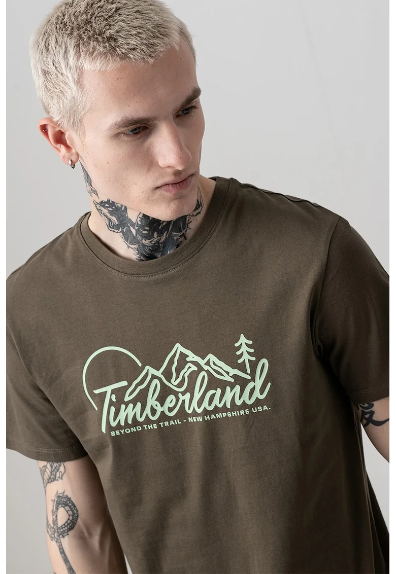 Tricou cu logo si decolteu la baza gatului, Kaki inchis/Verde menta