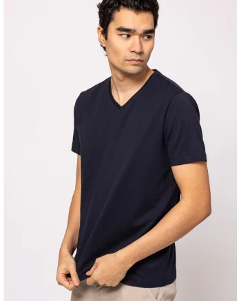 Tricou cu decolteu in V si model uni Money, Bleumarin