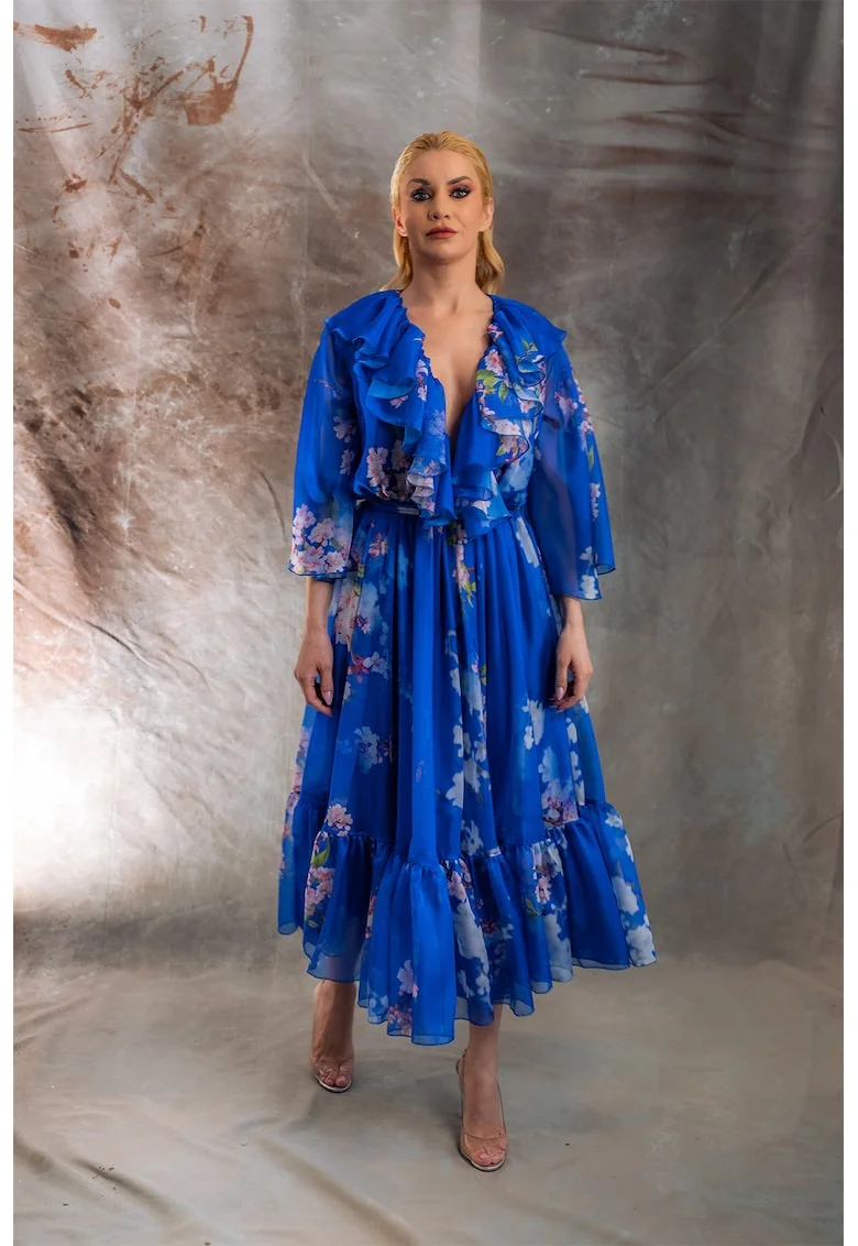 Rochie din sifon cu model floral Osaka, Roz somon/Albastru royal